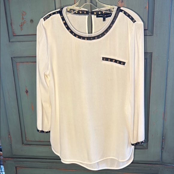 NWOT Generation Love White Top with Black Faux Leather and Gold Stud Accents - Picture 1 of 10